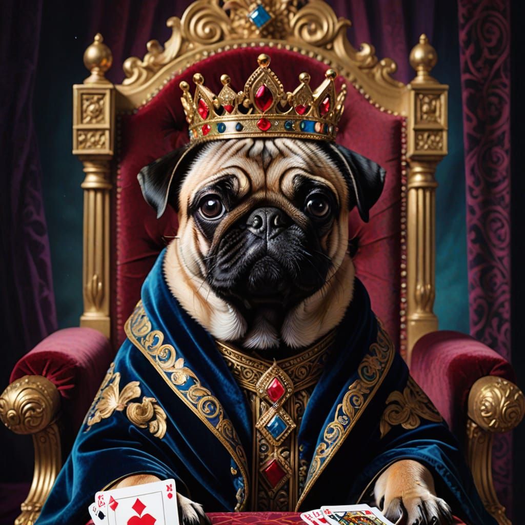 Regal Pug in Velvet Robes on Playing Card Throne
