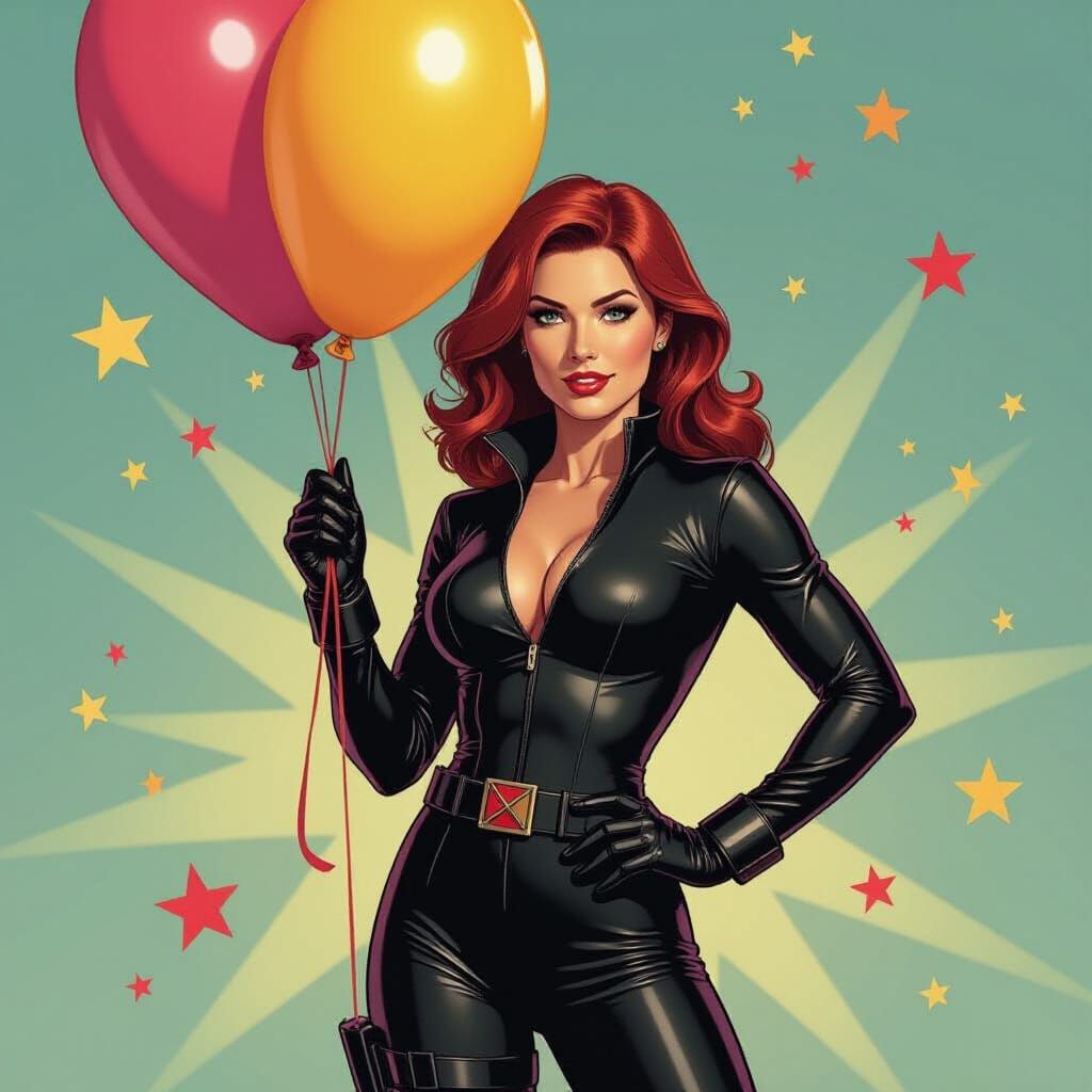 Black Widow Hugs Birthday Balloon in Comic Book Style