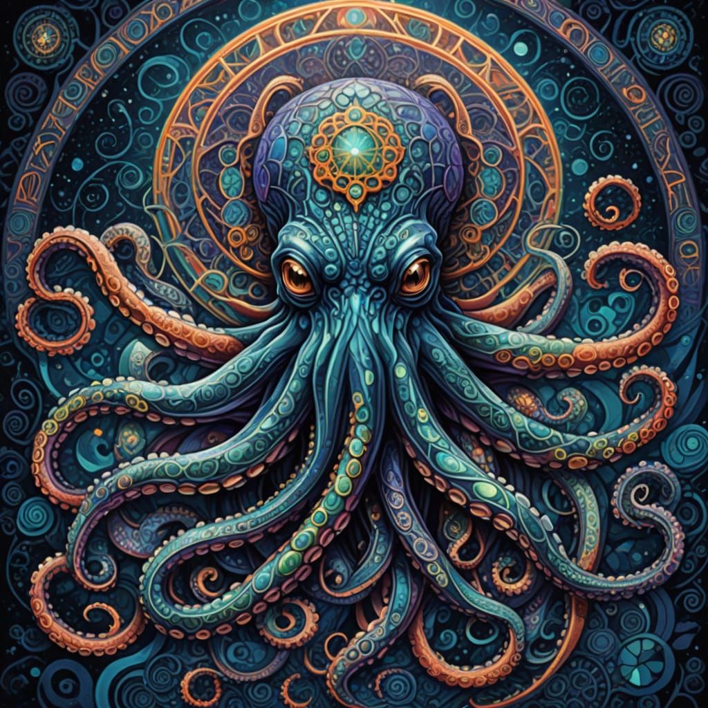 Surrealistic Mermaid and Octopus in Luminous Blues