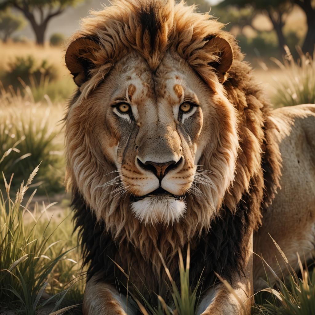 Regal Lion Portrait in Golden Light: 3D Render