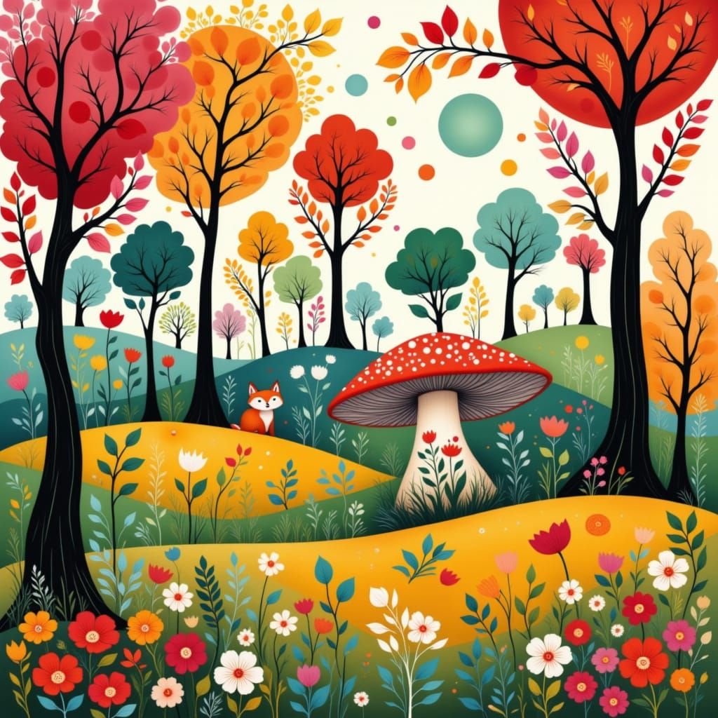 Whimsical Folk Art Forest Scene With Fox