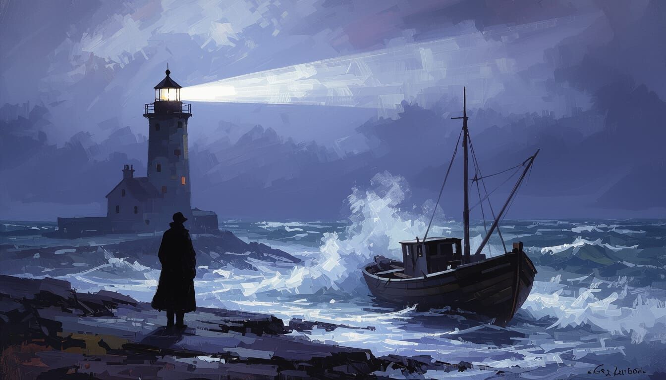 Lighthouse Keeper Gazes at Stormy Sea in Impressionist Style