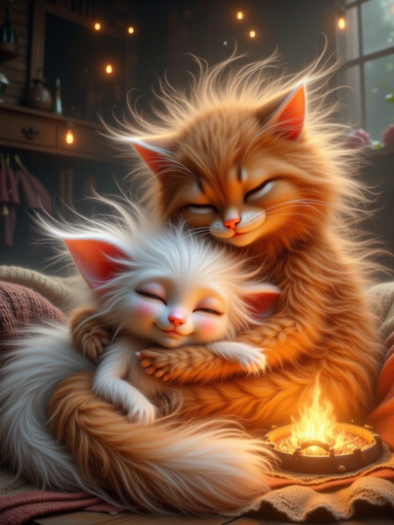 Cozy Creature and Cat by Hearth in Storybook Style