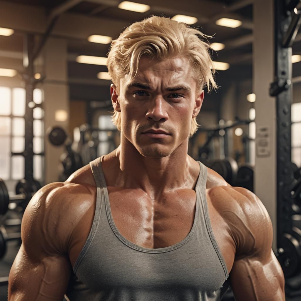 Hyperrealistic Portrait of Blonde Bodybuilder in Gym
