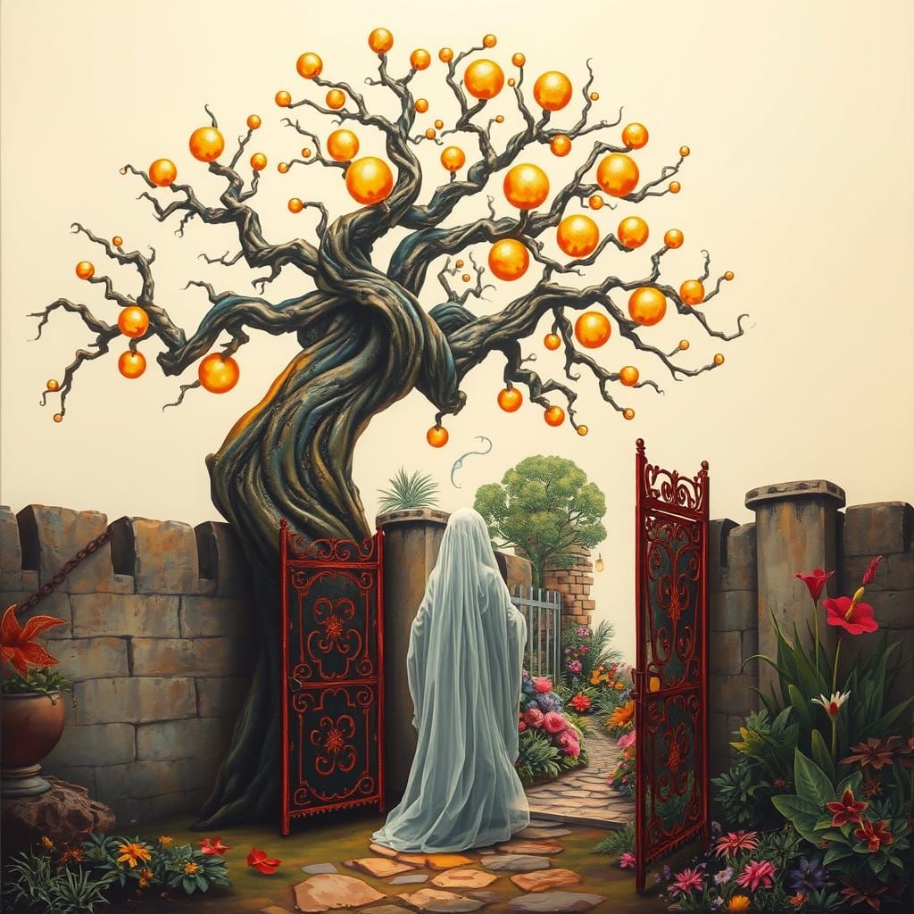 Ethereal Guardian Watches Over Vibrant Surrealist Garden