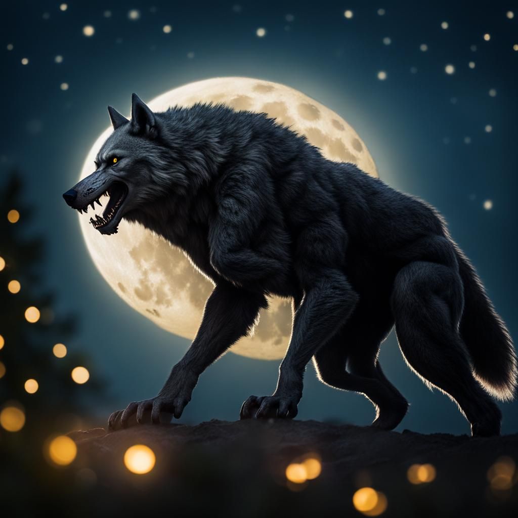 Werewolf Howling at Full Moon in Sharp Focus