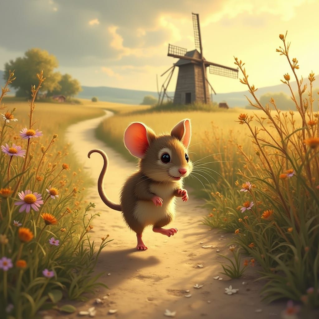 Mouse Runs Along Countryside Road Near Collapsing Windmill