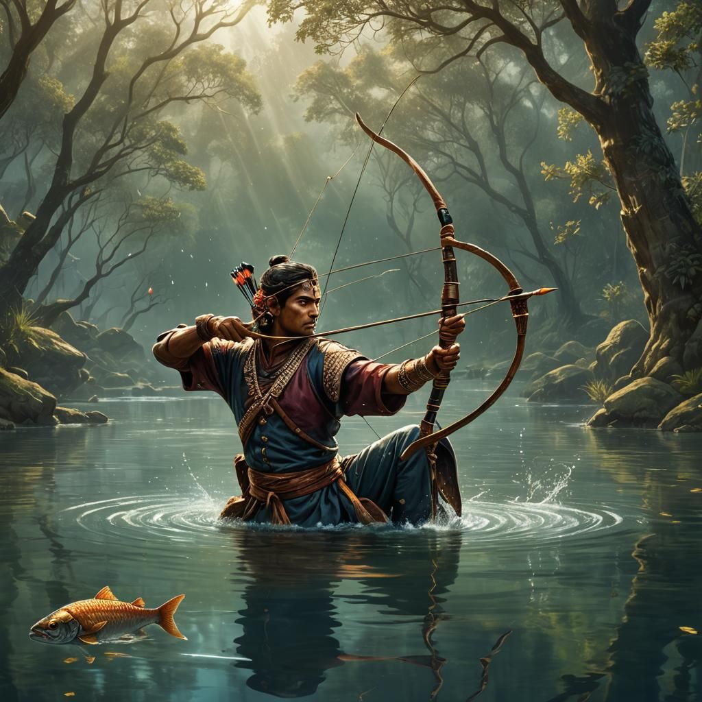 Ancient Indian Archer Strikes Fish Reflection