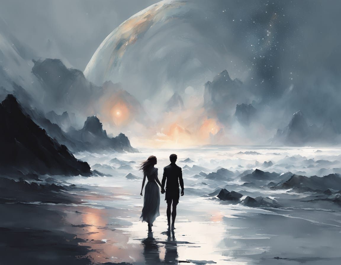 Moonlit Couple on Beach in Watercolour Style