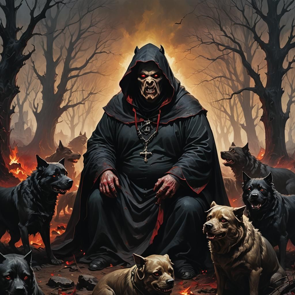 Grotesque Reaper Devouring Dogs in Hellish Landscape