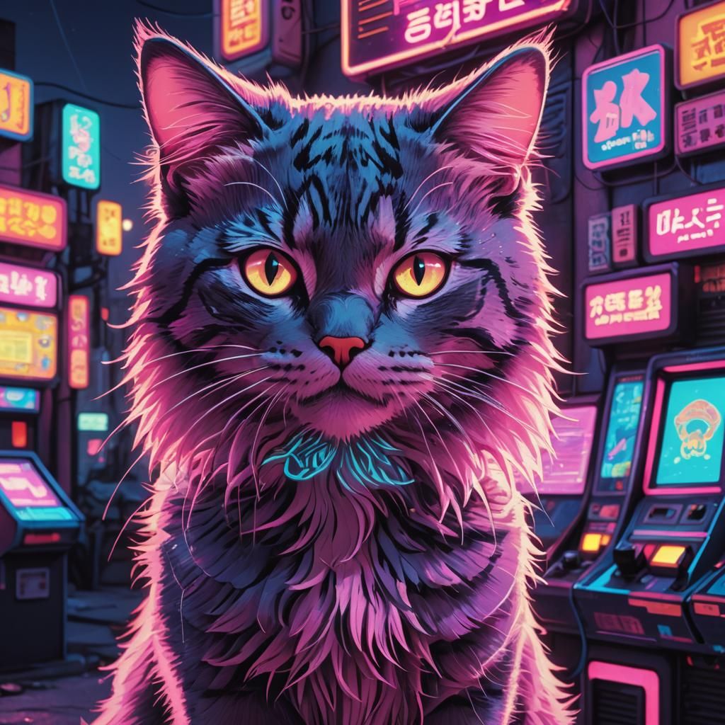 Kawaii Cat in 80s Synthwave Neon City