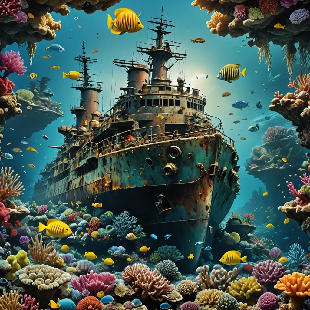 Underwater Battleship Reef in Dr. Seuss Style