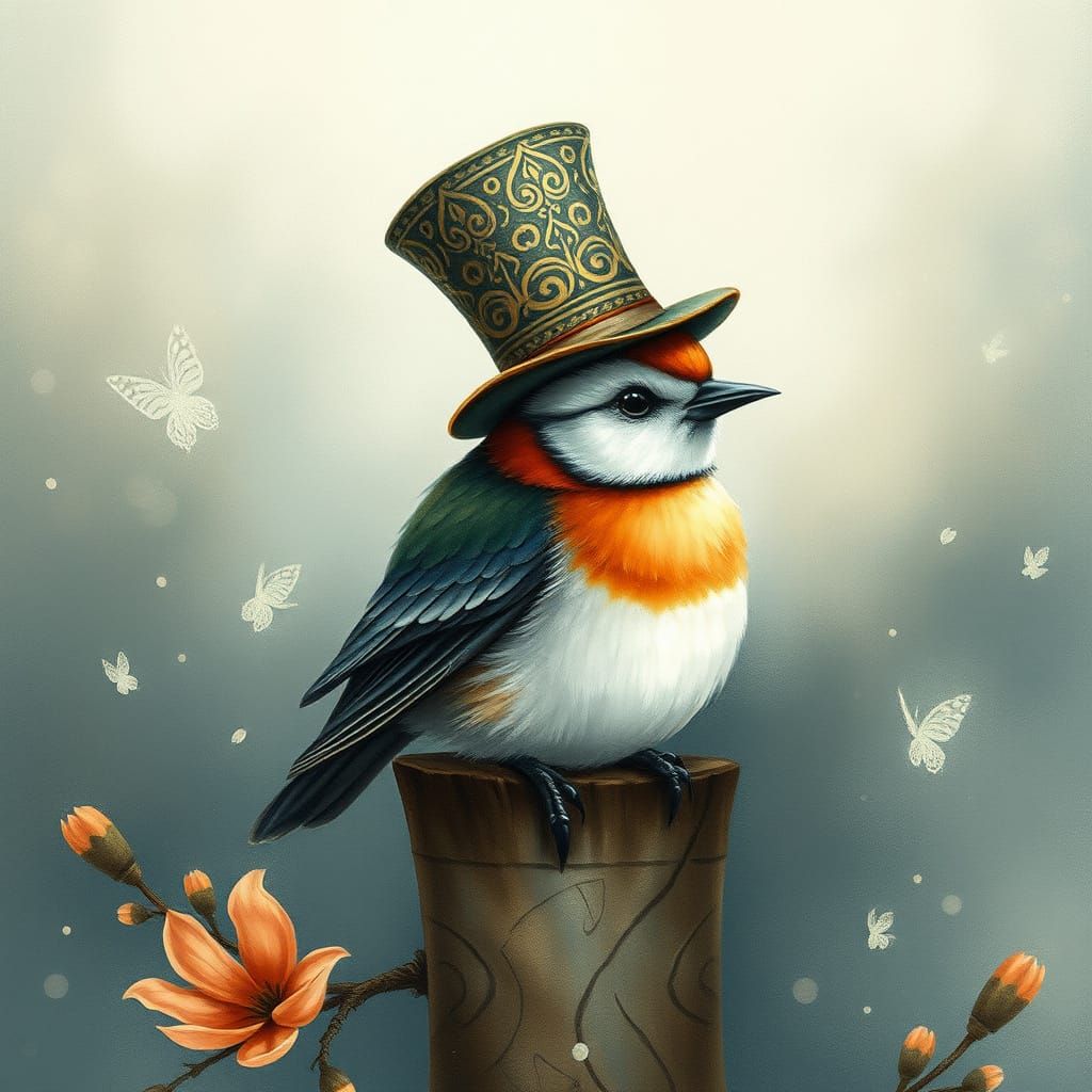 Bird in Edwardian Top Hat: Whimsical Watercolor Art