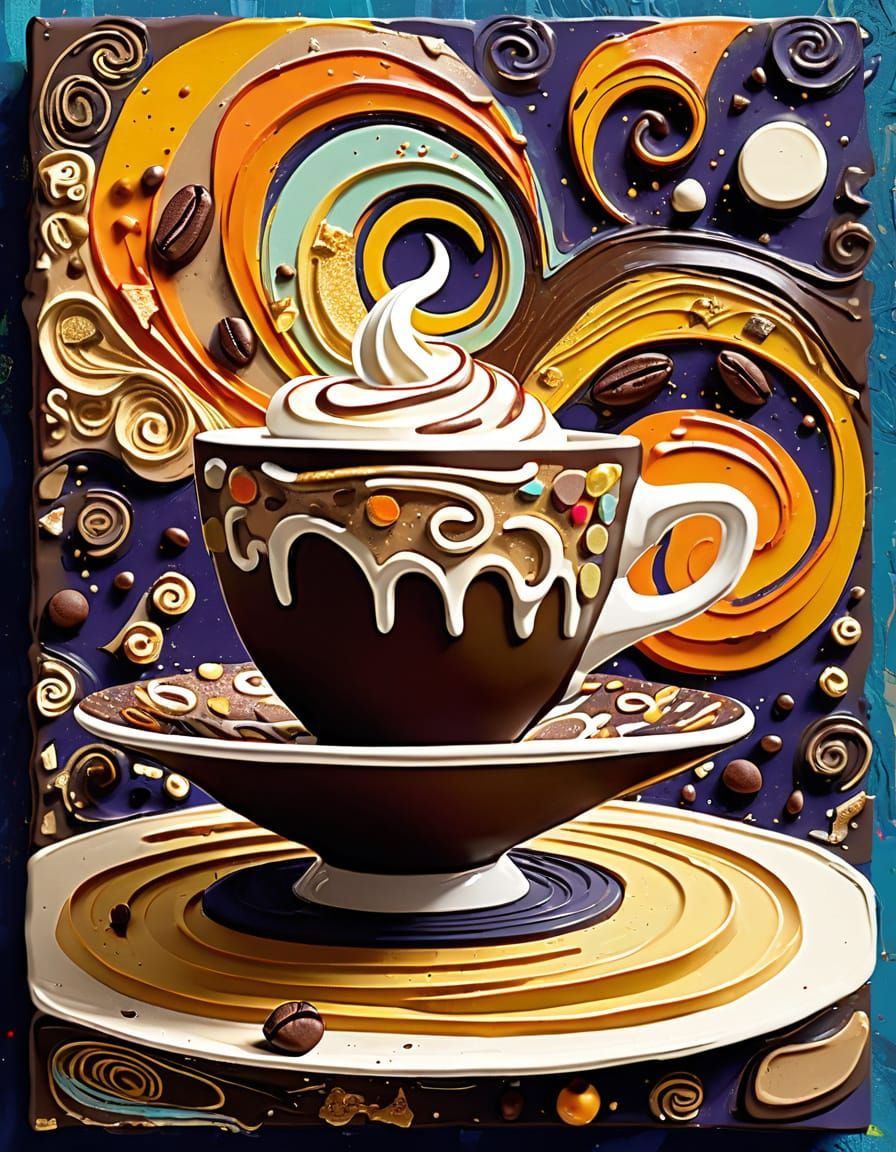 Retro Sci-Fi Coffee Sculpture in Space, Impasto Style