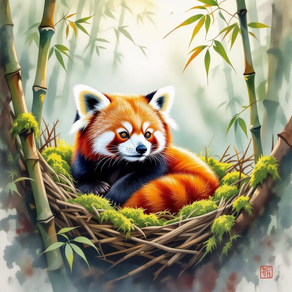 Red Panda in Misty Bamboo Forest, Watercolor Style