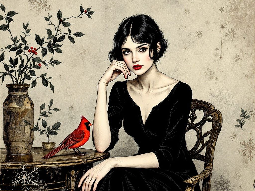 Enigmatic Woman Surrounded by Winter's Serenity in Ink Illus...