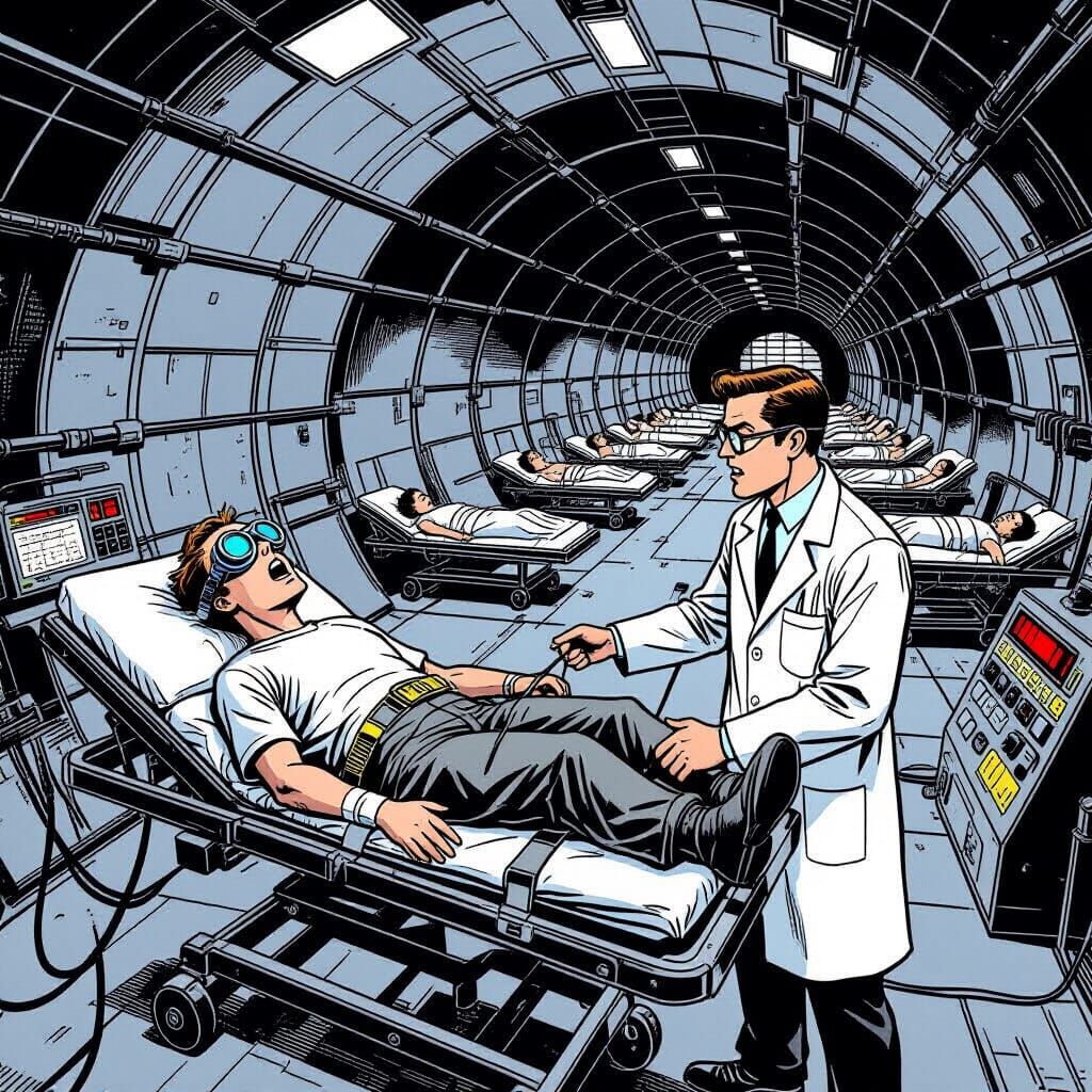 Underground Lab Experiment in Noir Comic Style