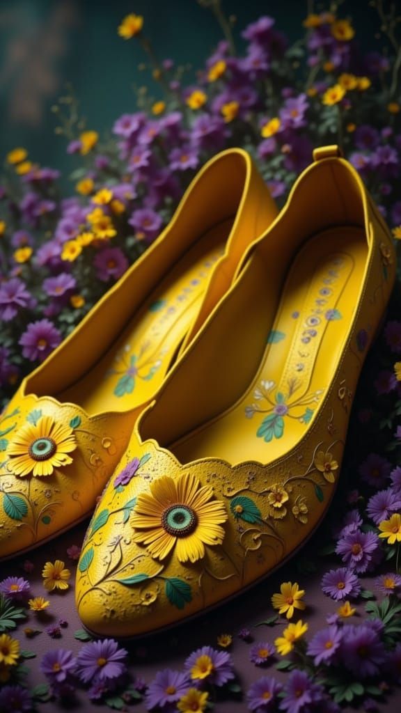 Yellow Leather Flats with Floral Detail
