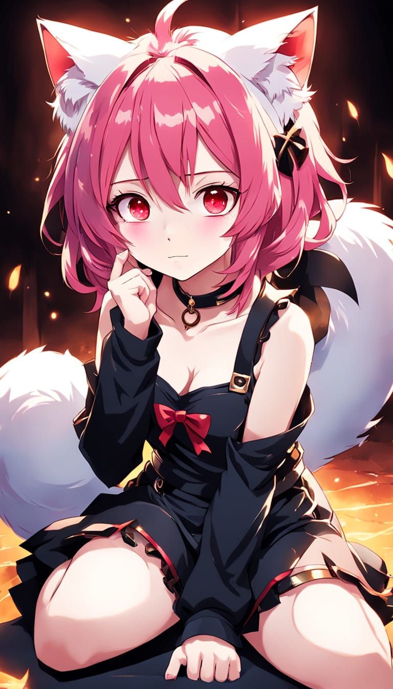 Anime Girl with Pink Hair and Red Eyes in Serene Manga Style