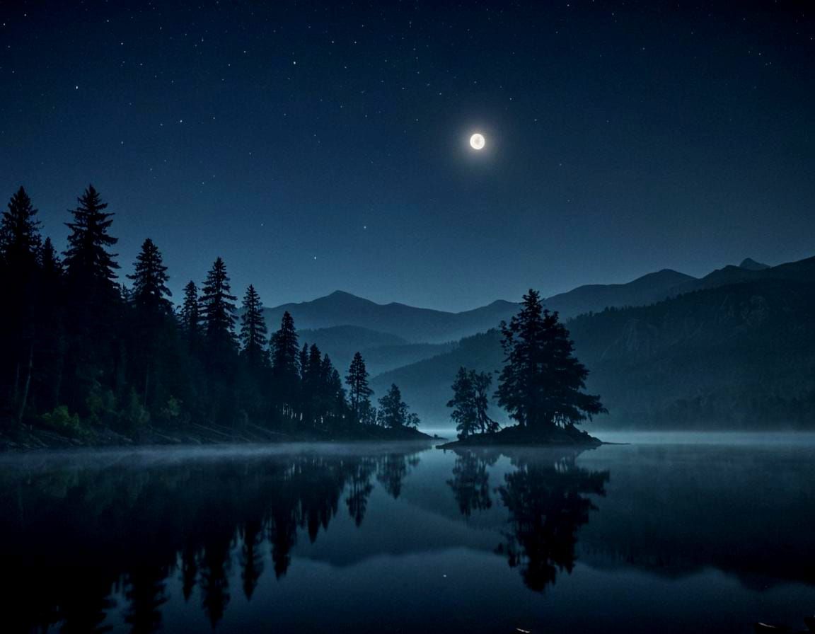 Night Lakescape with Moonlight and Bokeh
