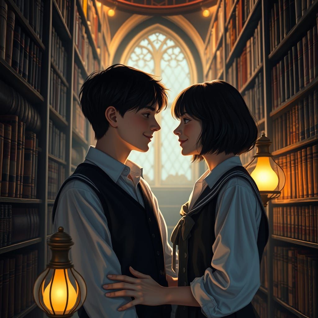 Intimate Library Moment in Dreamy, Matte Painting Style