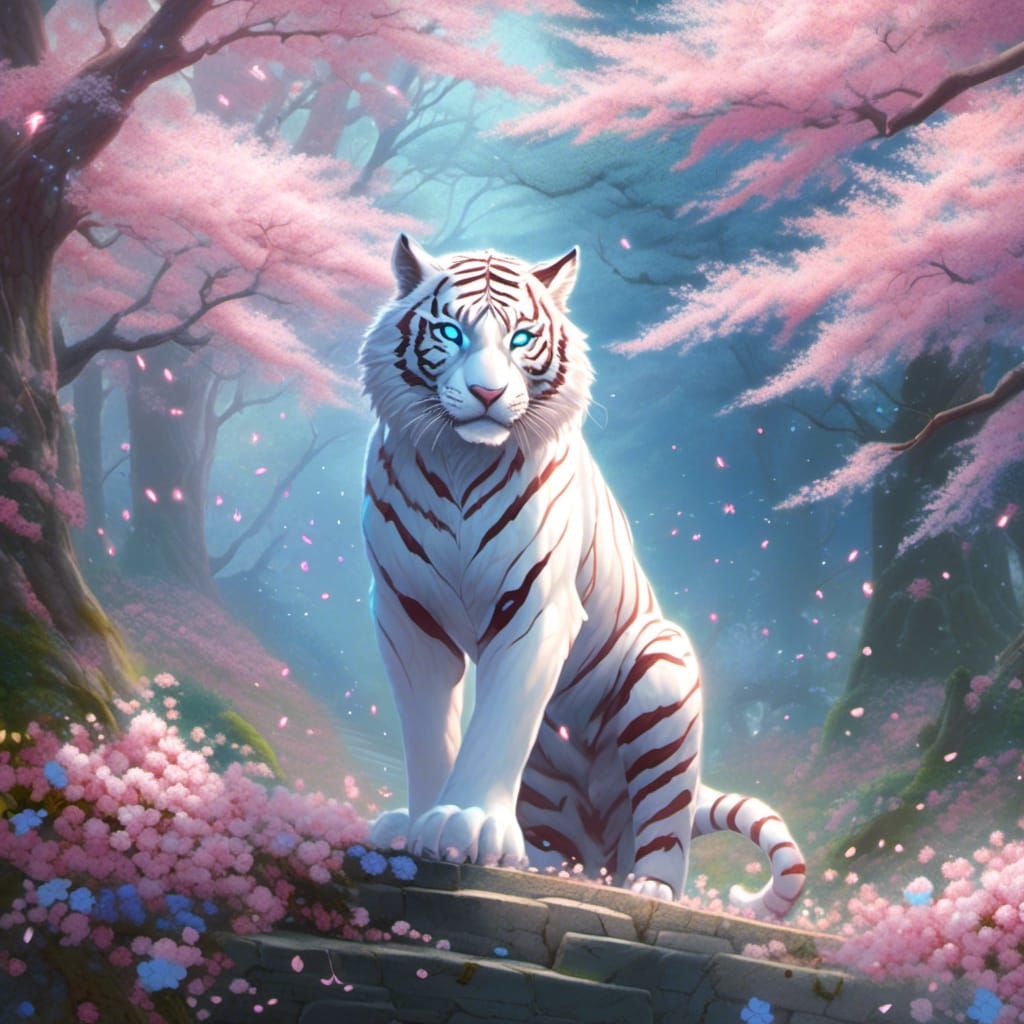 Majestic Cherry Blossom White Tiger in Ethereal Style