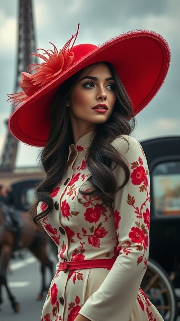 Hyperrealistic Portrait of Elegant Woman near Eiffel Tower