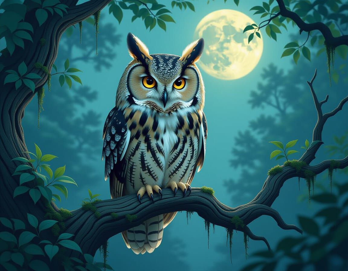 Wise Owl Portrait in Moonlit Forest