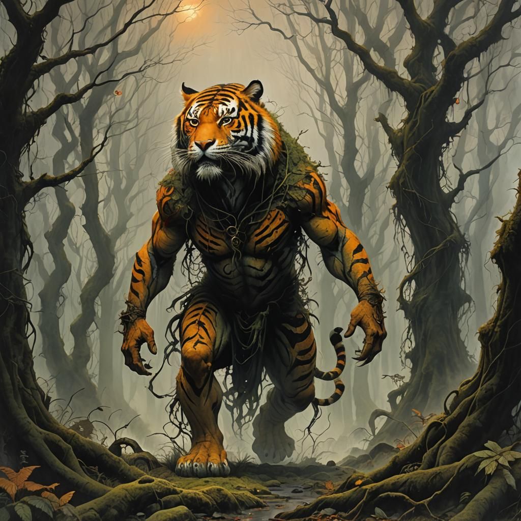 Tiger Humanoid in Mystical Forest