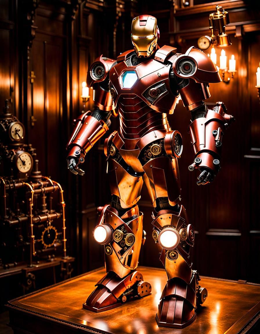 Steampunk Iron Man in Elaborate Workshop