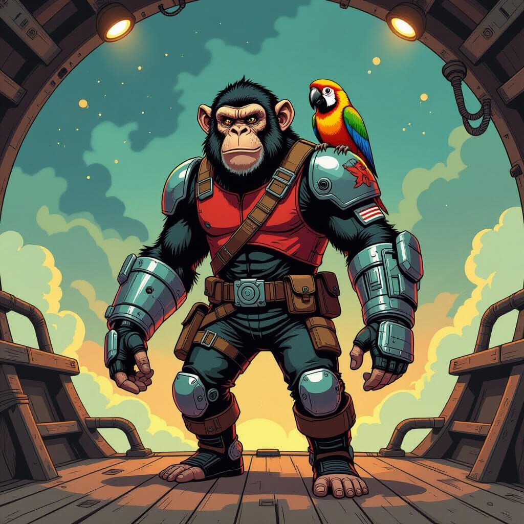 Chimp Space Pirate Captain with Cybernetic Arm and Parrot