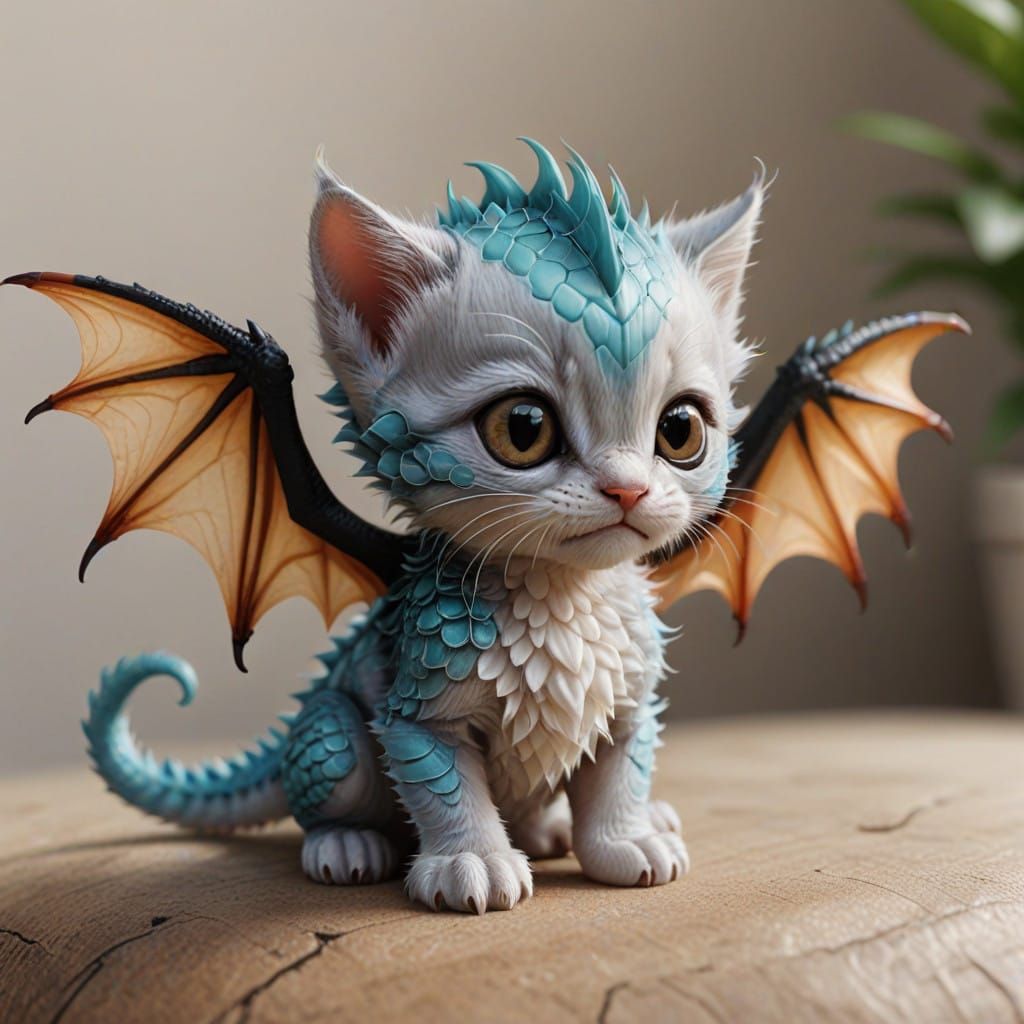 Adorable Realistic Friendship Between Tiny Kitten and Dragon