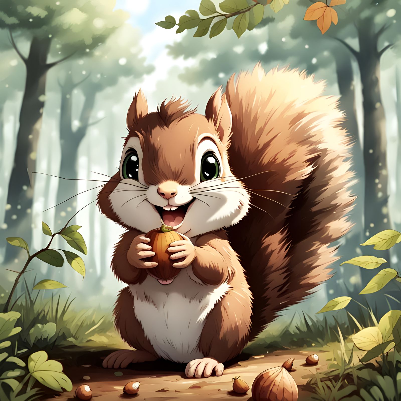 Cute Baby Squirrel with Acorn: Anime Style