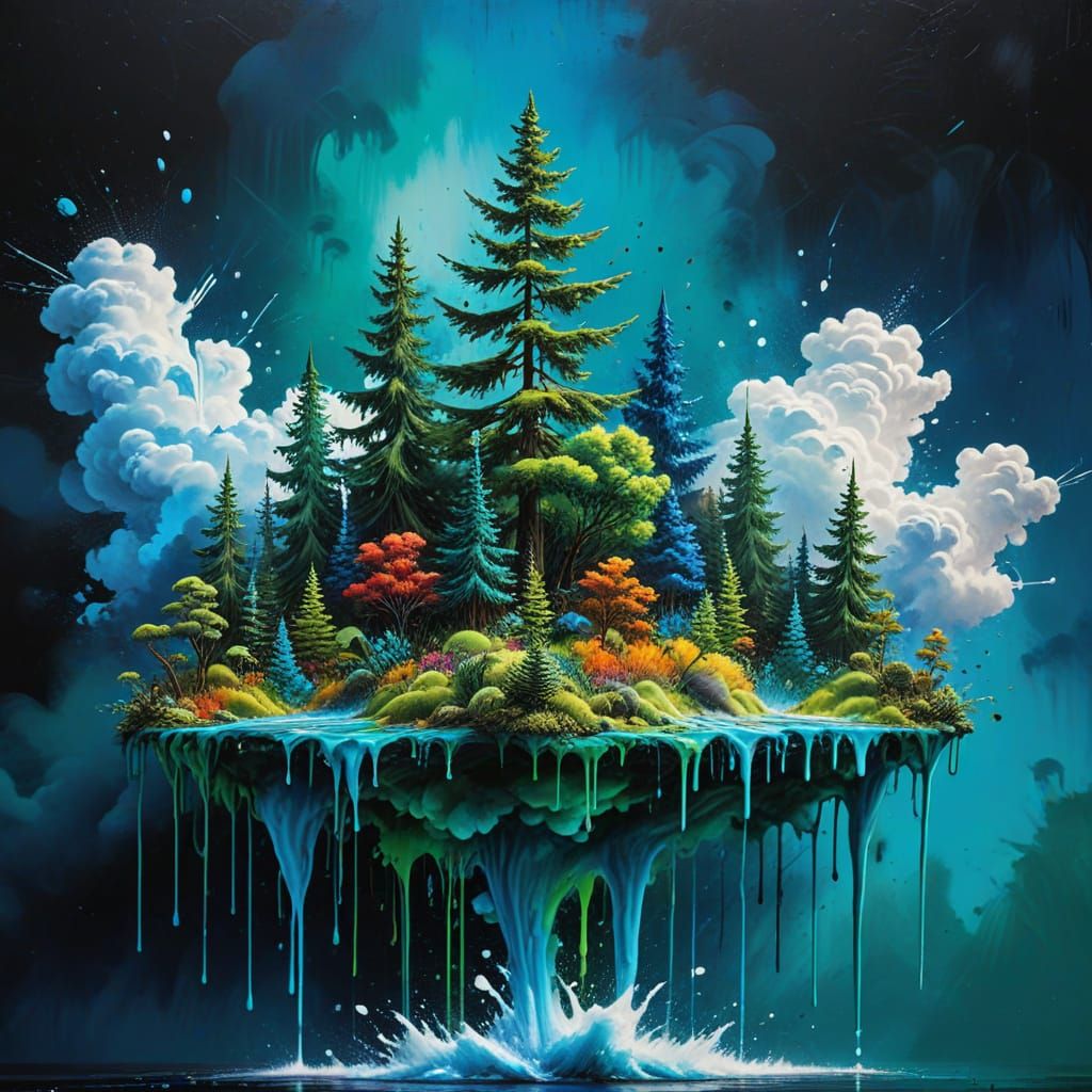Forests Above Ocean in Hyper-Realistic Splash Art Style