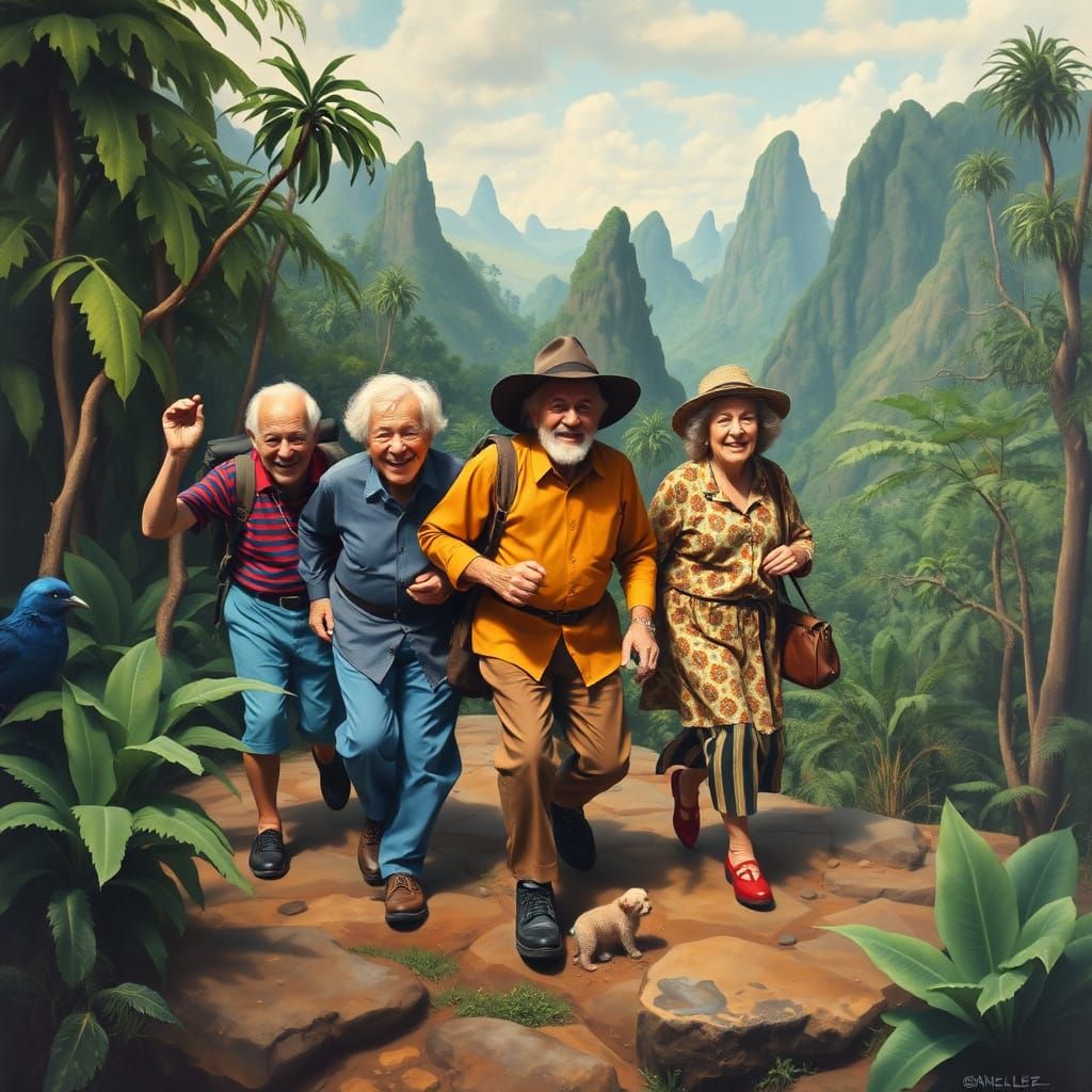 Elderly Friends' Surreal Jungle Trek, as Oil Painting