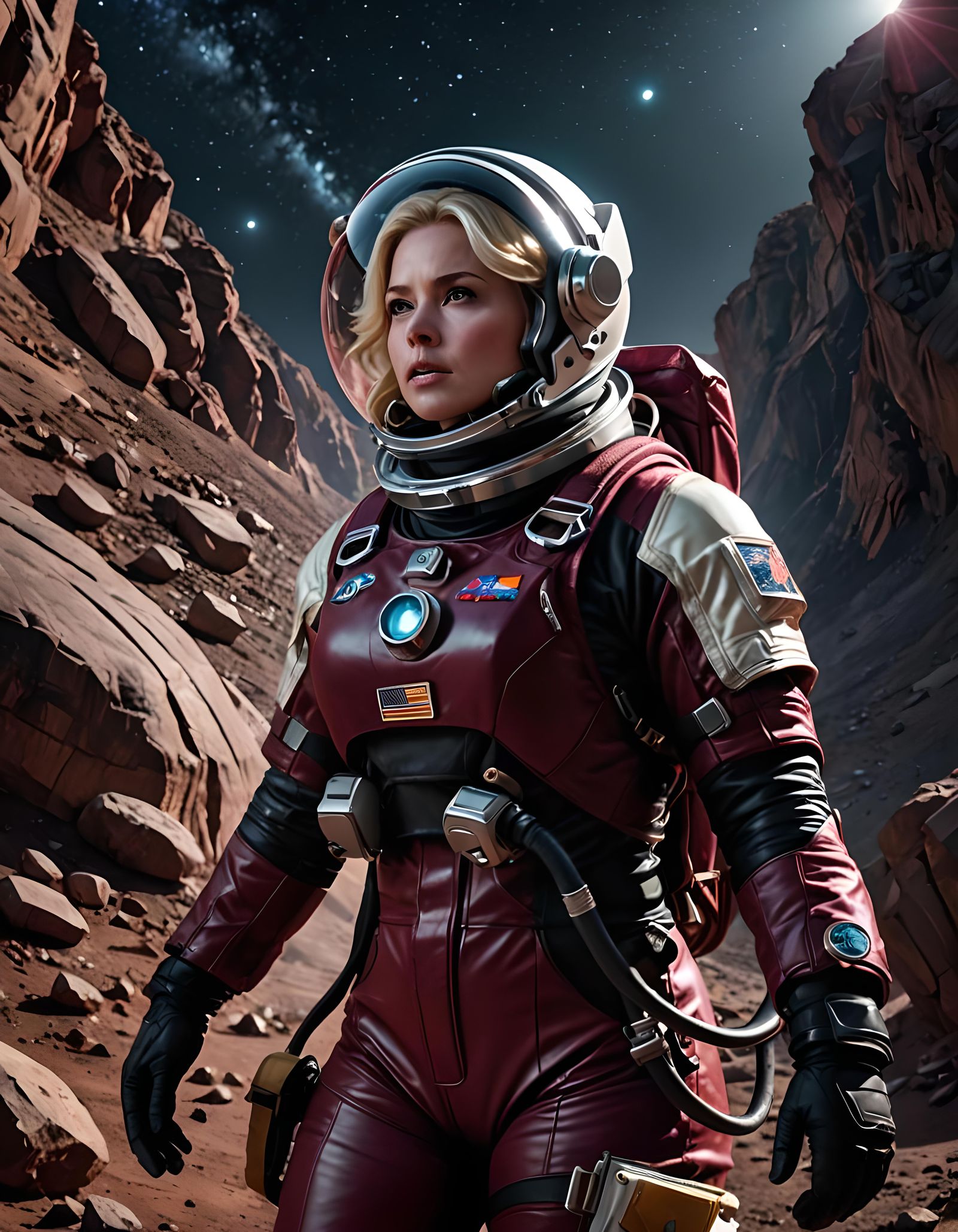 Voluptuous Astronaut in Spacesuit on Rocky Planet
