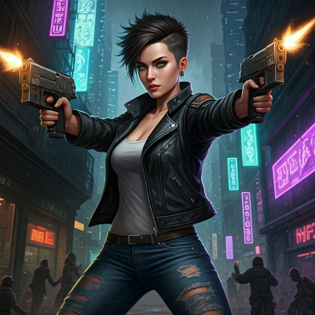 Cyberpunk Woman Defends Herself in Dystopian City