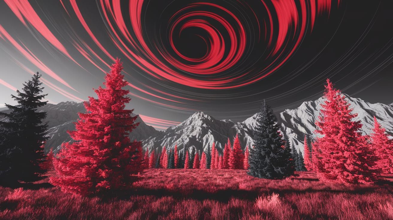 Surreal Red Landscape with Swirling Skies and Dramatic Mount...