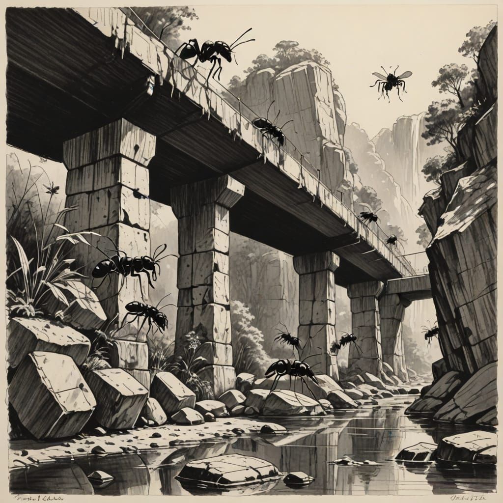 Glass Bridge Supported by Stone Ants in Sketch