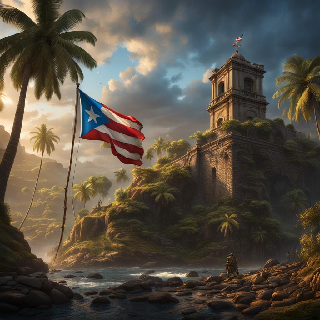 Puerto Rican Flag and Jibaro in Detailed Matte Painting