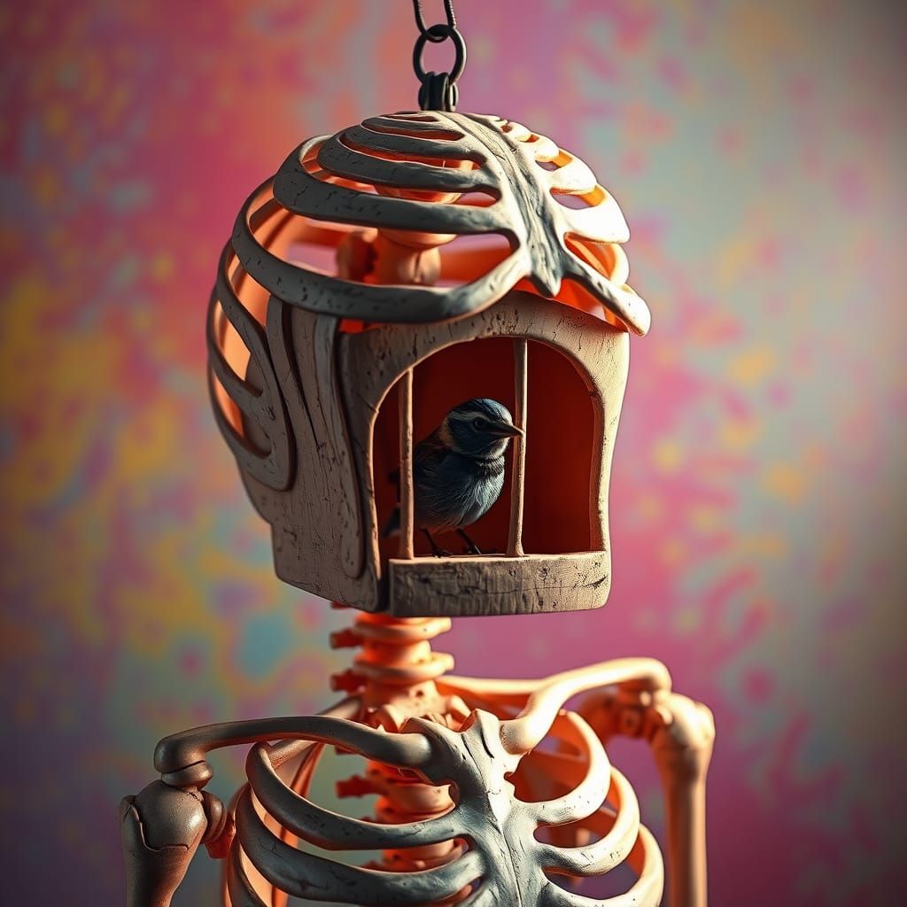Birdhouse Skeleton in Vibrant Digital Art