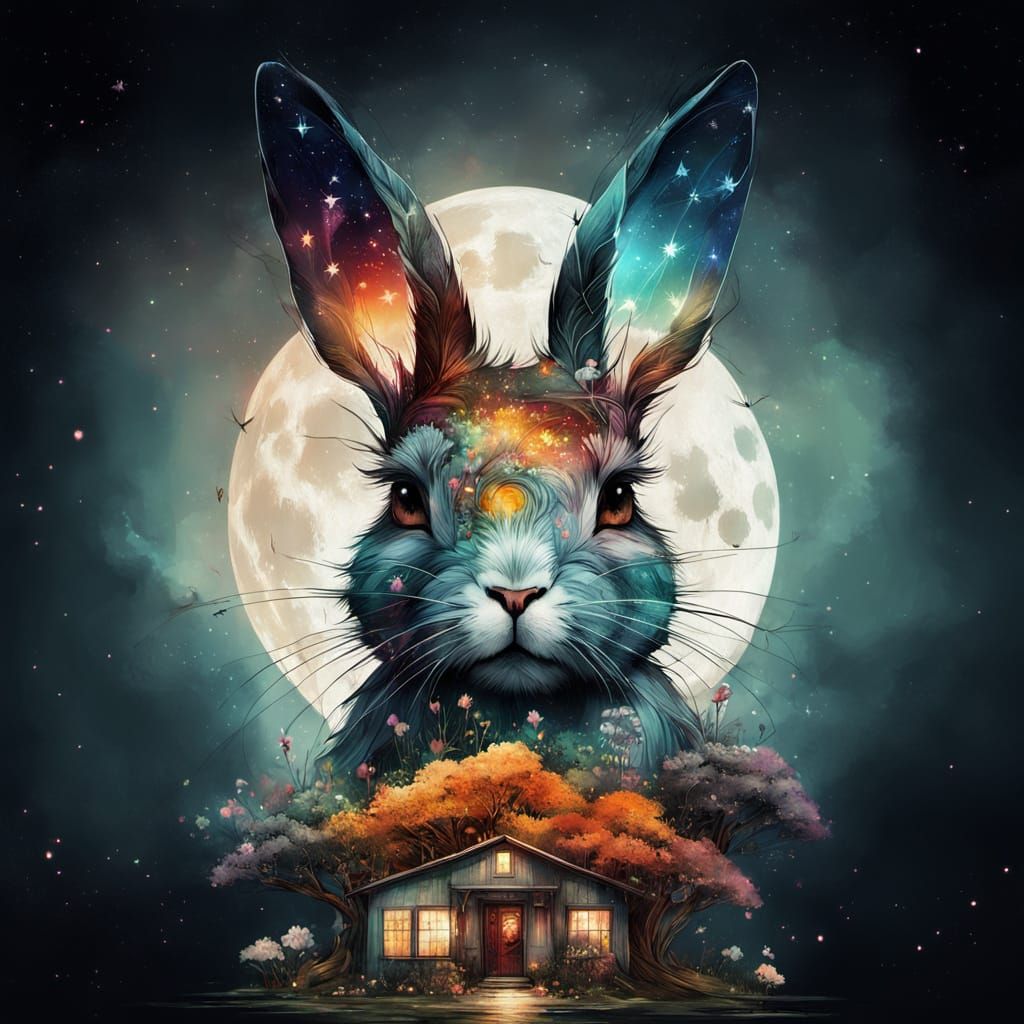 Fantasycore Bunny in Flowering Yggdrasil, Mystical Starry Ni...