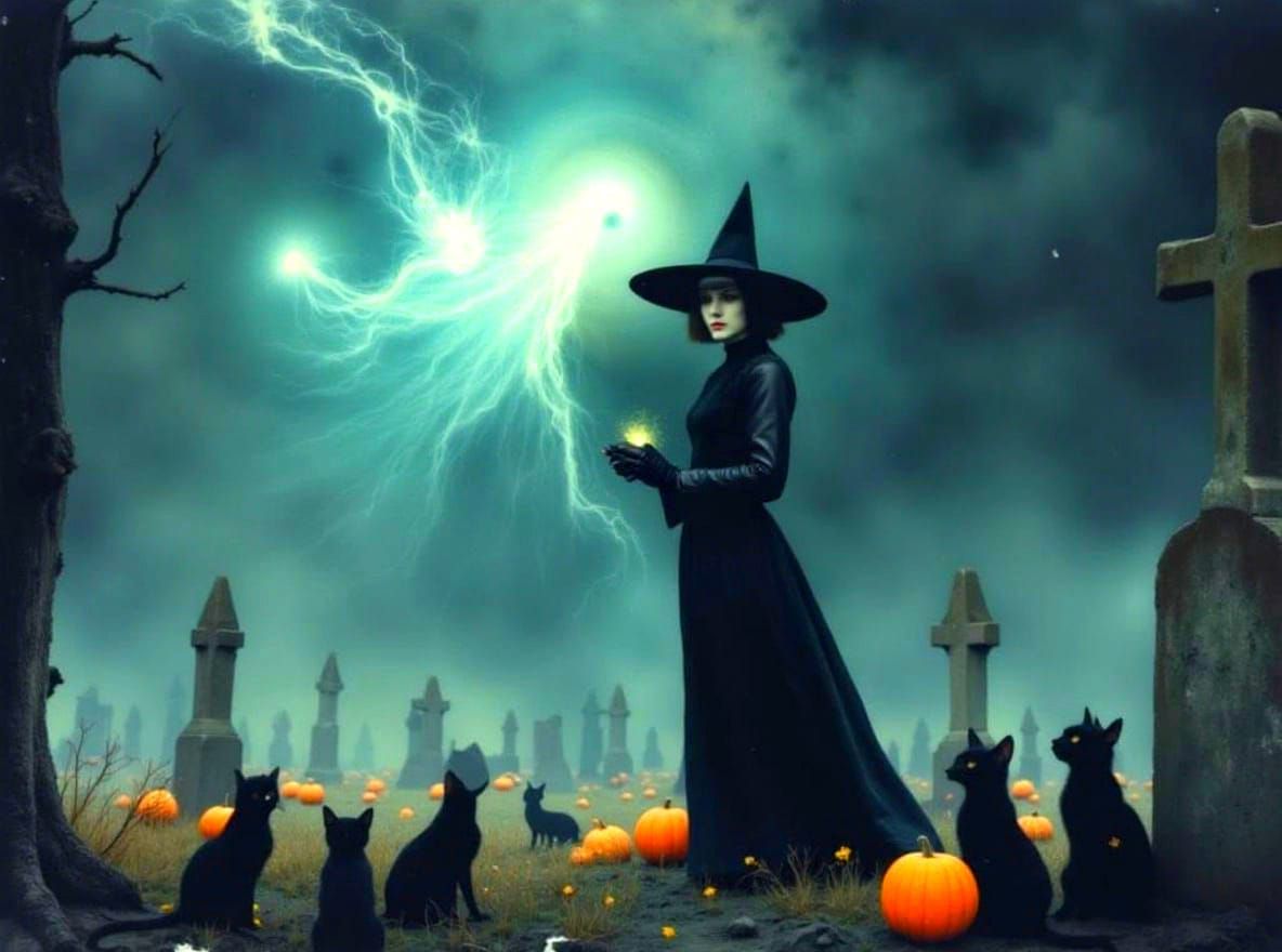 Halloween Witch Casting Spell in Foggy Cemetery with Ghosts