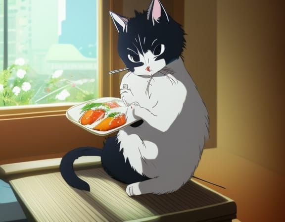 Anime Cat Eats Sushi in Ghibli Style