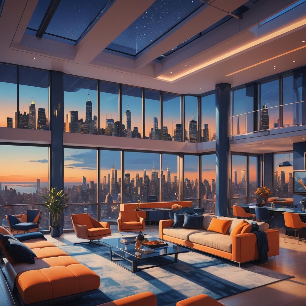 Futuristic Penthouse Interior with New York City View