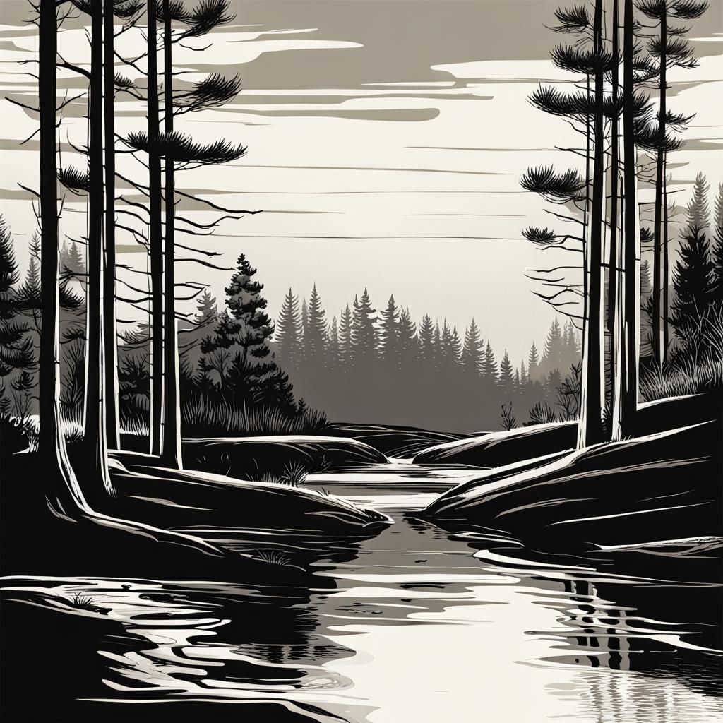 High Contrast Creek and Pine Tree Illustration
