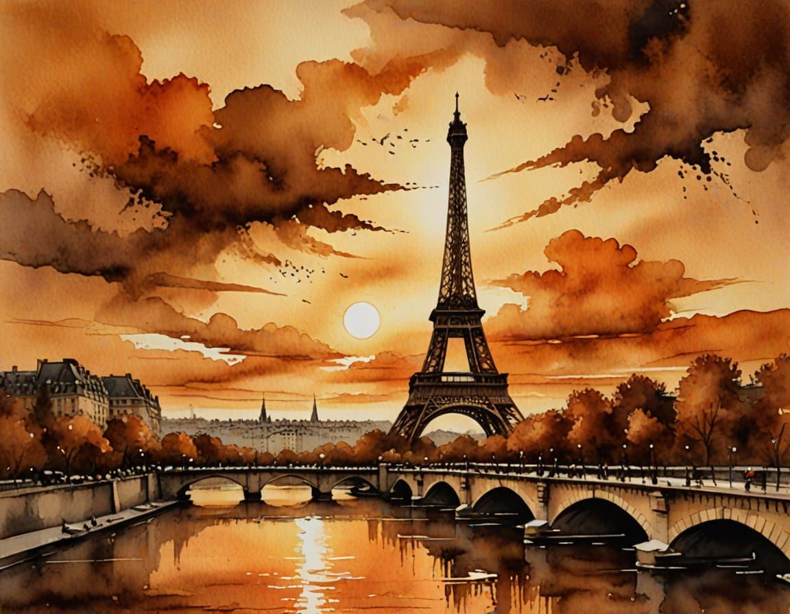 Rustic Sunset on Paris' Eiffel Tower in Watercolor Style