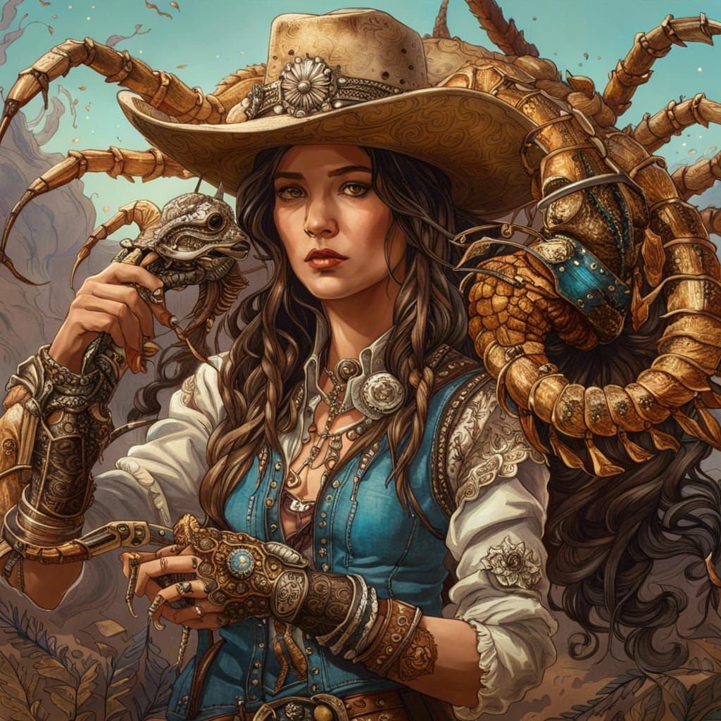 Cowgirl Holding a Giant Scorpion in Detailed Art