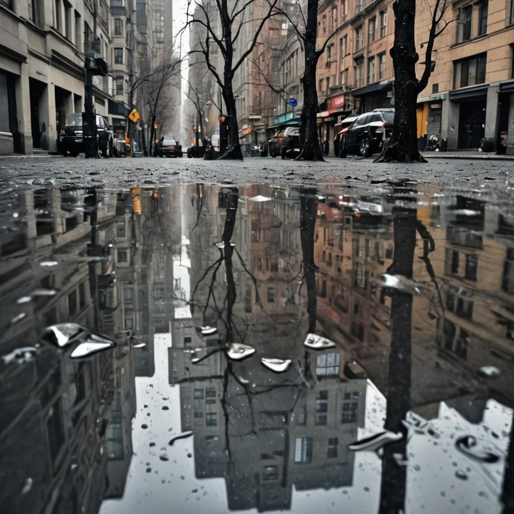 Moody Hyperrealistic Cityscape with Rain and Reflections