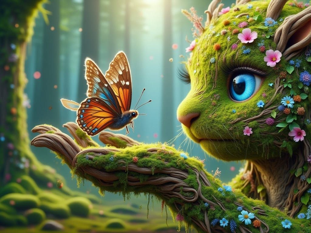 Mossy Forest Creature Amazed by Butterfly, Storybook Style